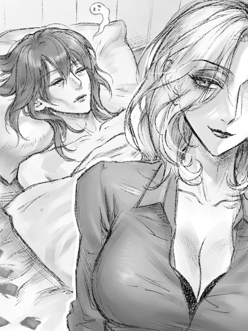 aftersex blonde_hair blush boob_window breasts chief_(path_to_nowhere) condom female_chief_(path_to_nowhere) guy_tired_after_sex_(meme) implied_sex langley_(path_to_nowhere) older_female selfie sleep sleeping songeee_58 tired unbuttoned unbuttoned_shirt yuri