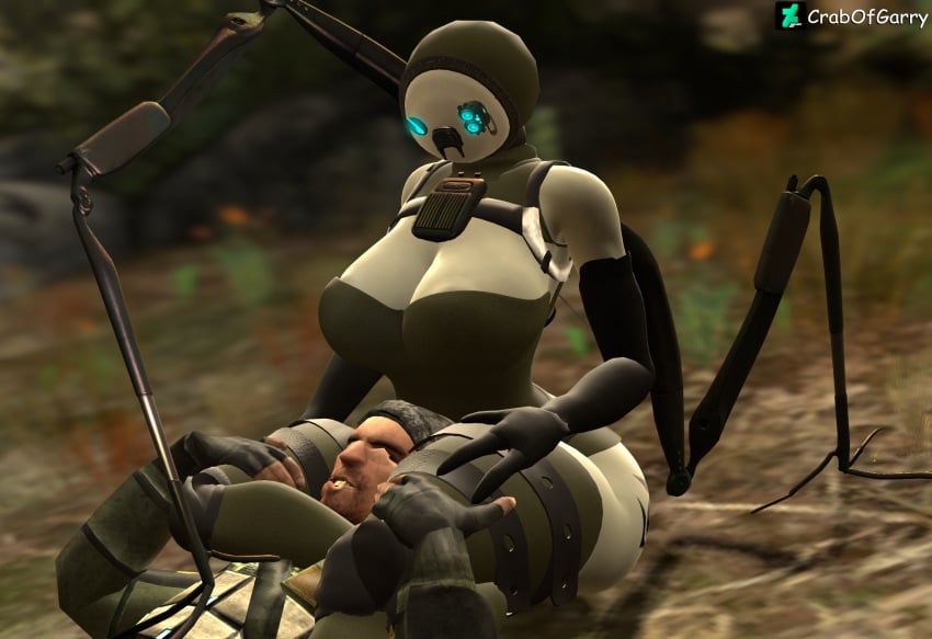 1boy 1girls 2024 3d advisor armwear asphyxiation big_breasts big_butt blurry_background choking combine crabofgarry deviantart forest_background four_arms garry's_mod half-life half-life_2 human kevlar_vest leggings legwear robot_girl robot_humanoid thigh_crush