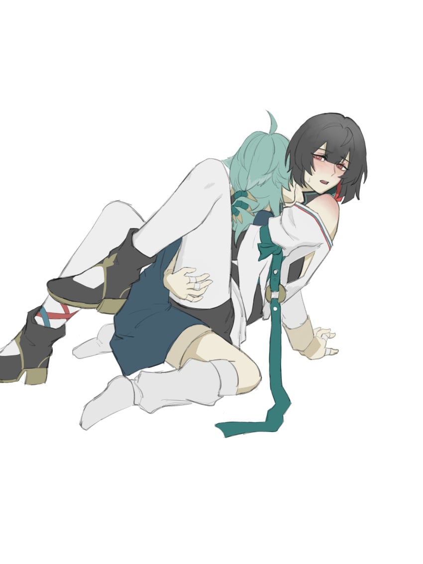 android android_girl biting blush blush clothed clothes clothing holding_leg holding_legs honkai:_star_rail honkai_(series) hoyoverse huohuo_(honkai:_star_rail) licking licking rei17th robot robot_girl xueyi_(honkai:_star_rail) yuri