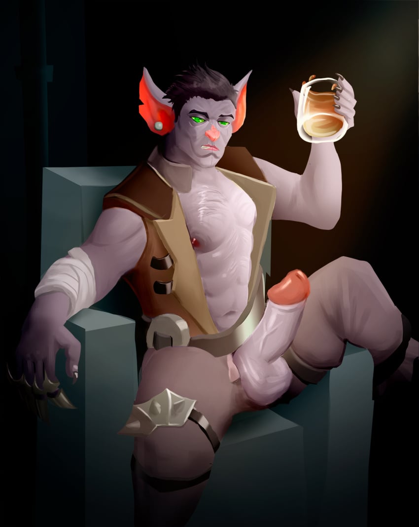 alcohol bandage belt black_hair chest_hair claw drunk green_eyes huge_cock humanoid_genitalia humanoid_penis looking_at_viewer male nipples open_clothes penis penis_out scar_(arcane) sitting smirk solo_male vastaya