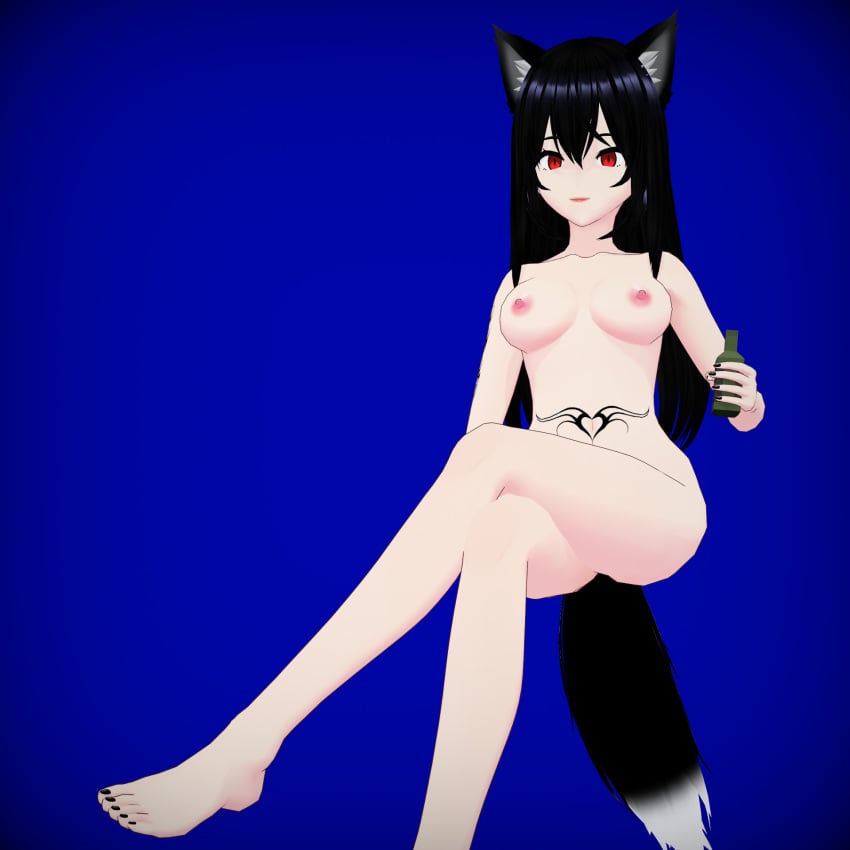 ashley_roquefort ashleyvt92 black_hair black_nails breasts cat_ears cat_tail catgirl female foot_focus legs naked naked_female nude nude_female pink_nipples pose red_eyes tattoo vroid