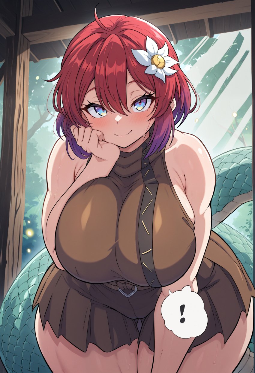 ! big_breasts blush clothed clothing female hand_on_head huge_breasts looking_at_viewer multicolored_ears multicolored_hair snake_girl snake_tail squeezing woods