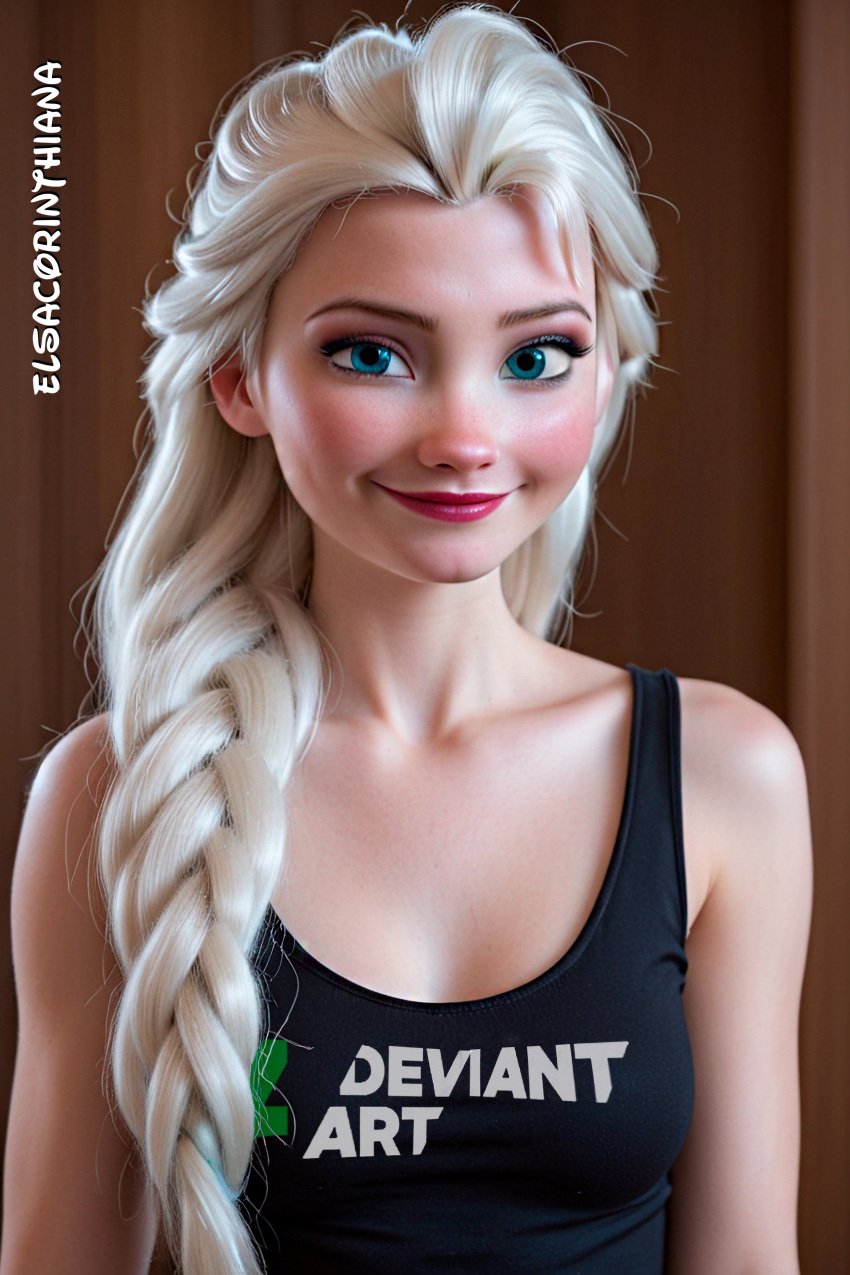 1woman ai_art ai_generated black_tank_top black_tanktop blue_eyes clear_hair deviantart deviantart_link deviantart_url deviantart_username disney disney_princess elsa_(frozen) elsacorinthiana female female_only frozen_(film) frozen_2 half_body light-skinned_female looking_at_viewer looking_for_viewer posing posing_for_picture posing_for_the_viewer realistic sensual sfw solo solo_female standing tank_top tanktop white_hair