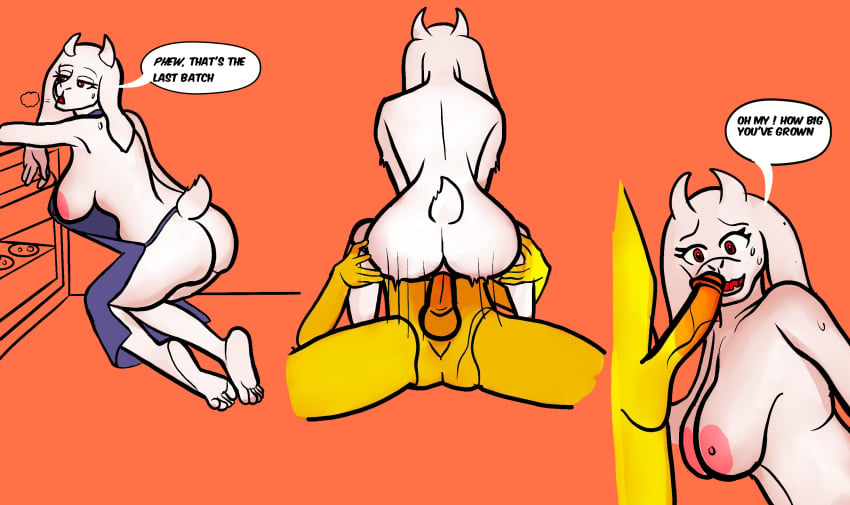 apron bodily_fluids bovid caprine clothing domyn duo female frisk_(undertale) genitals goat hi_res human lying male male/female mammal motion_lines on_back penis sex speech_bubble sweat toriel undertale undertale_(series) vaginal_penetration