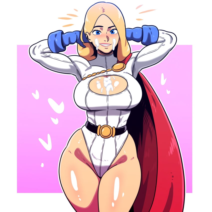 1girls ai_generated alien big_breasts blonde_hair blue_eyes cape cum cum_in_mouth cum_on_body dc dc_comics facing_viewer female gloves kryptonian large_breasts leotard looking_at_viewer mullon novelai power_girl smile solo standing superheroine superman_(series) thick_thighs wide_hips