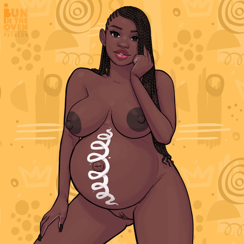 1girls 2d belly big_belly black_hair braid braided_hair braids breasts bunintheoven dark-skinned_female dark_skin female food_play nipples nude outie_navel pregnant pussy simple_background solo uncensored