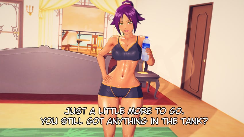 1girls abs bleach dark-skinned_female gym_clothes gym_clothing gym_shorts gym_uniform hand_on_hip nakadashi_(artist) purple_hair purple_hair_female shihouin_yoruichi water_bottle yellow_eyes yoruichi_shihouin