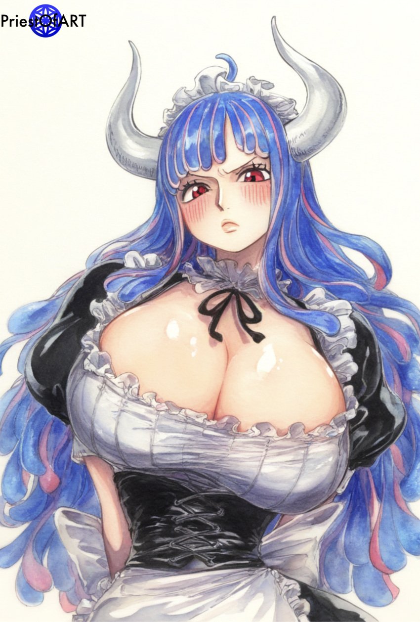 1girls ai_generated areola_slip big_breasts blue_eyes blush female female_focus female_only horn huge_breasts large_breasts maid maid_outfit maid_uniform multicolored_hair one_piece pink_eyes priestofart simple_background solo solo_female solo_focus tagme tagme_(artist) tagme_(character) ulti_(one_piece) upper_body white_background