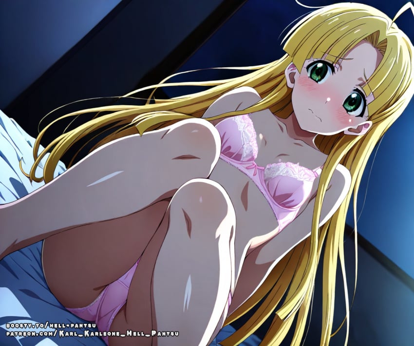 ahoge ai_generated asia_argento blonde_hair bra female female green_eyes hell-pantsu high_school_dxd long_hair panties small_breasts solo