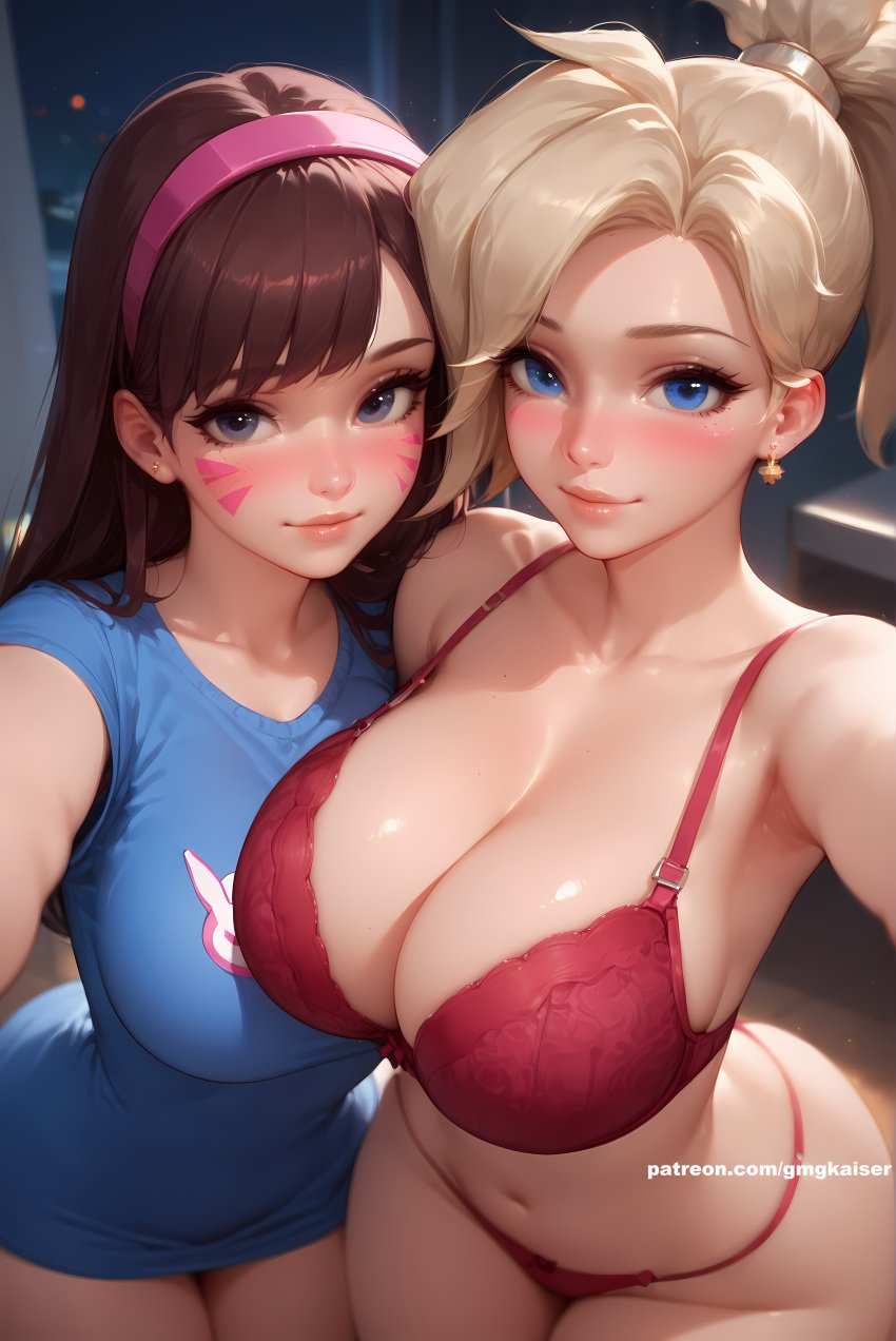 2girls ai_generated big_ass big_breasts black_hair blonde_hair d.va gmgkaiser mercy overwatch selfie standing tagme