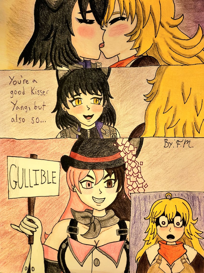 big_breasts black_hair blake_belladonna blonde_hair cat_ears f.m. french_kiss gullible multicolored_hair neo_(rwby) questionable_consent rwby yang_xiao_long yuri