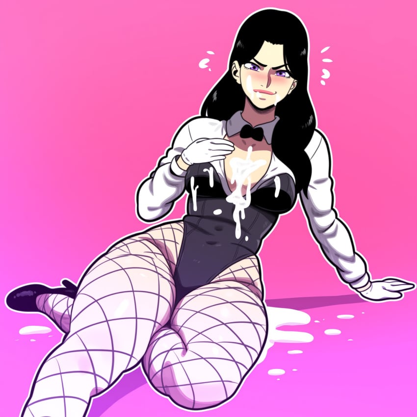 1girls ai_generated big_breasts breasts cum cum_on_body dc dc_comics facing_viewer female fishnet_legwear fishnets looking_at_viewer mullon novelai pantyhose smile solo zatanna zatanna_zatara