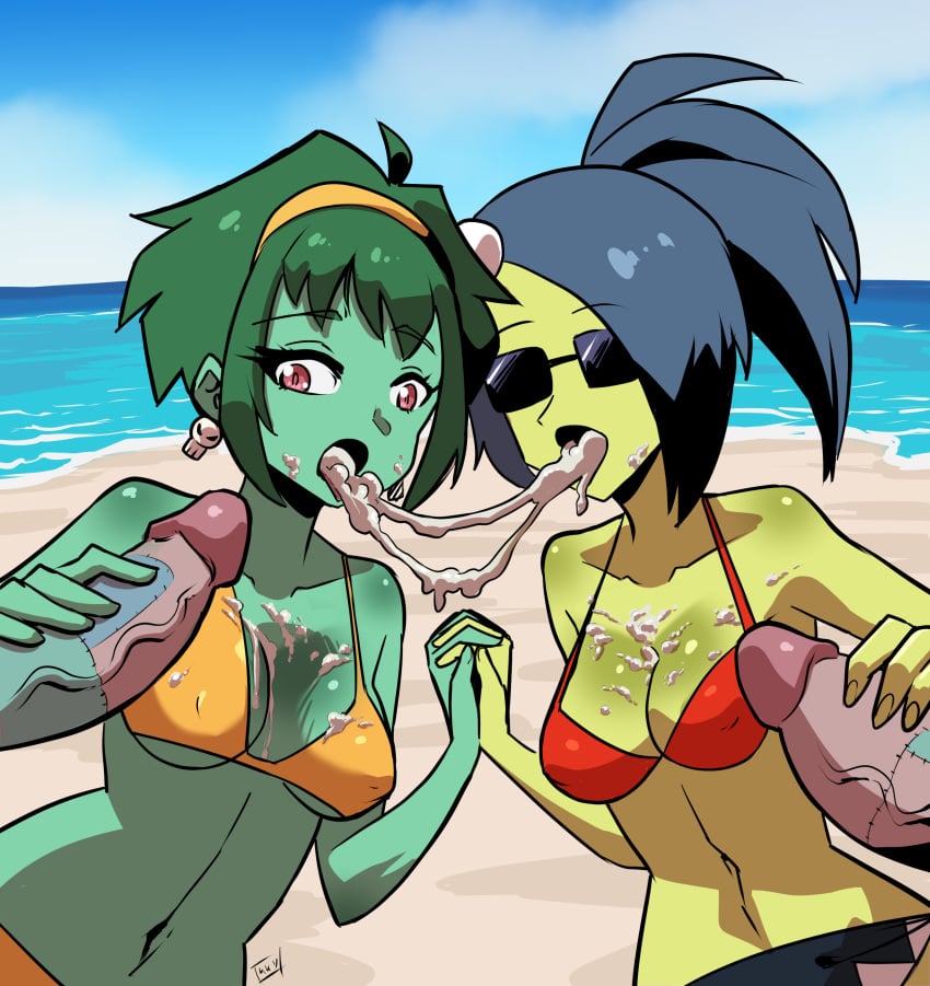 2girls 2girls2boys alternate_version_available beach beach_background bikini bikini_bottom bikini_top bisexual bisexual_female blue_hair breasts covered_nipples cum cum_in_mouth cum_on_body cum_on_breasts cum_trail green_hair green_skin handjob hi_res holding_hands kukuruyo monster_cock navel penis red_eyes rottytops saliva saliva_string saliva_trail shantae shantae_and_the_seven_sirens skirt sunglasses swimsuit zombie_fangirl