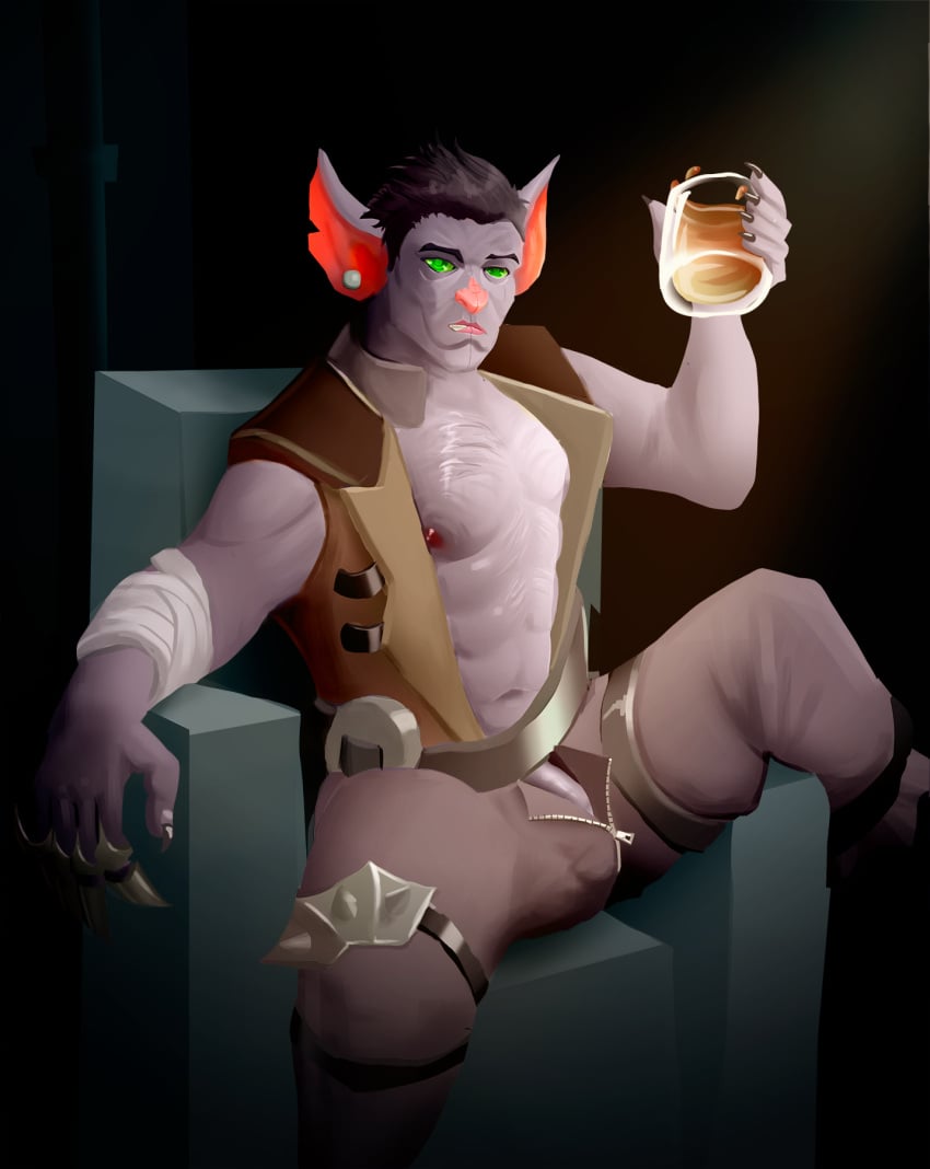 alcohol bandage belt black_hair bulge chest_hair claw drunk green_eyes looking_at_viewer male nipples open_clothes scar_(arcane) sitting smirk solo_male vastaya