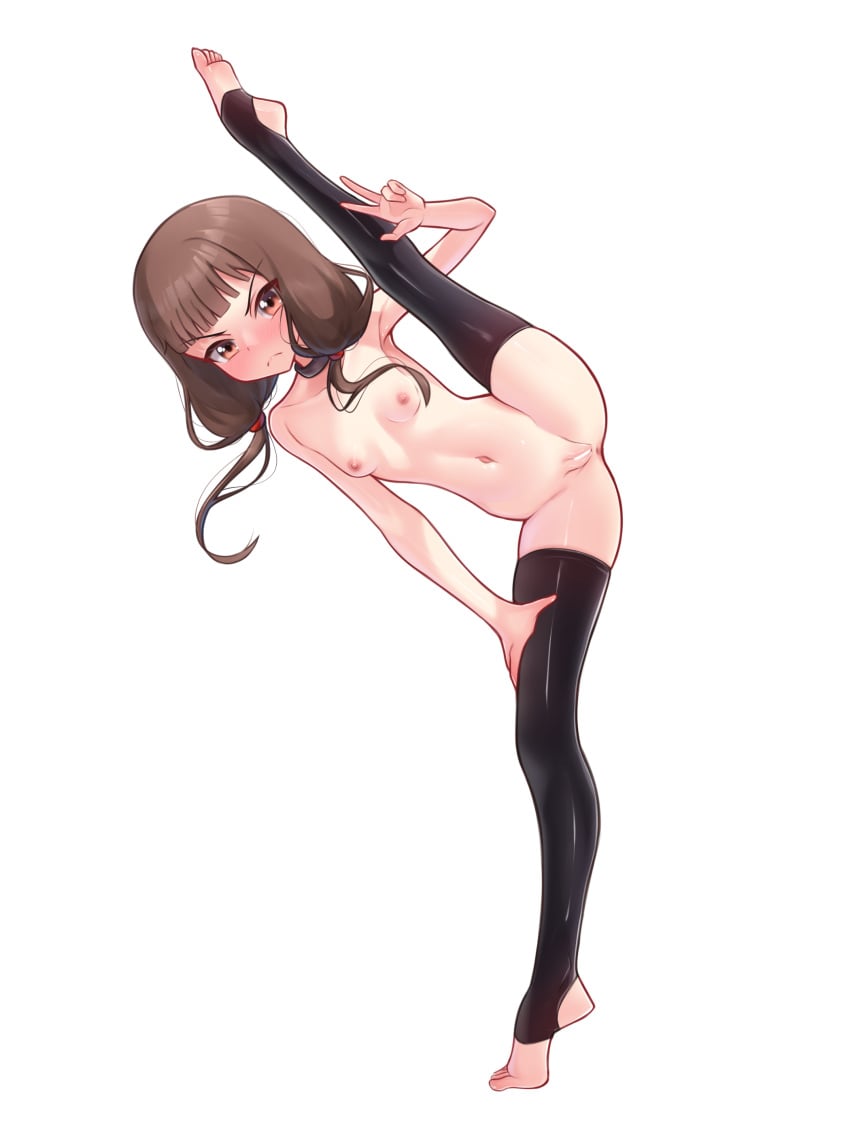 absurdres anus bar_censor black_thighhighs blunt_bangs blush breasts brown_eyes brown_hair censored feet female frown full_body highres iino_miko kaguya-sama_wa_kokurasetai_~tensai-tachi_no_renai_zunousen~ leg_up long_hair moriforests navel nipples pussy simple_background small_breasts solo split standing standing_on_one_leg standing_split thighhighs toeless_legwear white_background