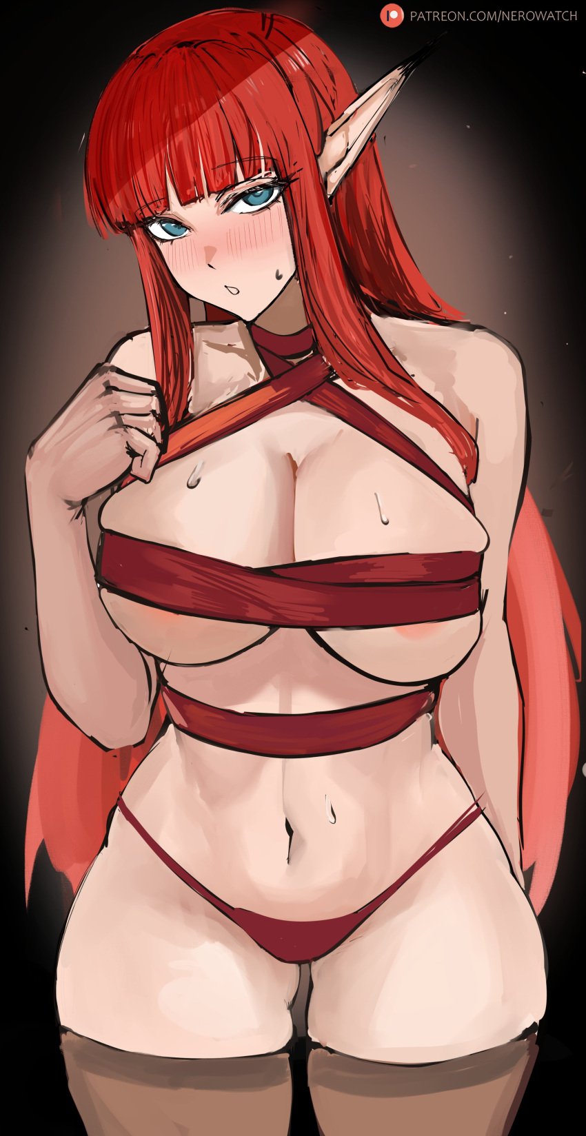 almost_naked almost_nude big_breasts blue_eyes blush bob_cut eiselin_hulkenberg elf elf_ears elf_female elf_girl embarrassed embarrassed_female embarrassed_nude_female hourglass_figure hulkenberg long_hair looking_at_viewer metaphor:_refantazio nero_watch panties red_hair slim_waist sweatdrop tall_female thick thick_thighs thighhighs underboob wet_body wet_skin wide_hips wrapped wrapped_breasts