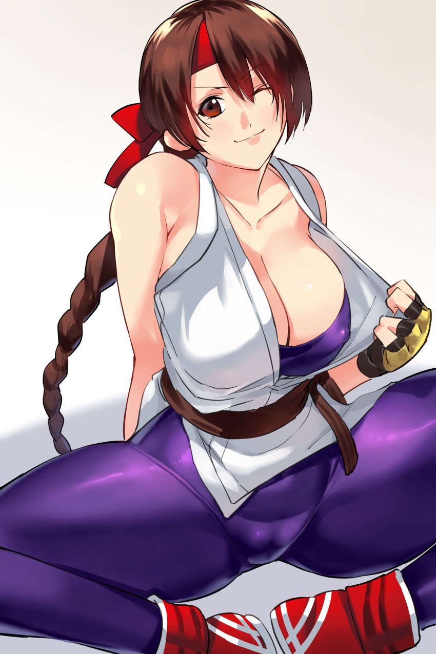 1girls art_of_fighting braid braided_hair breasts brown_eyes brown_hair cleavage covered_nipples headband king_of_fighters looking_at_viewer negresco pulling_own_clothes shoes sneakers snk spread_legs yuri_sakazaki