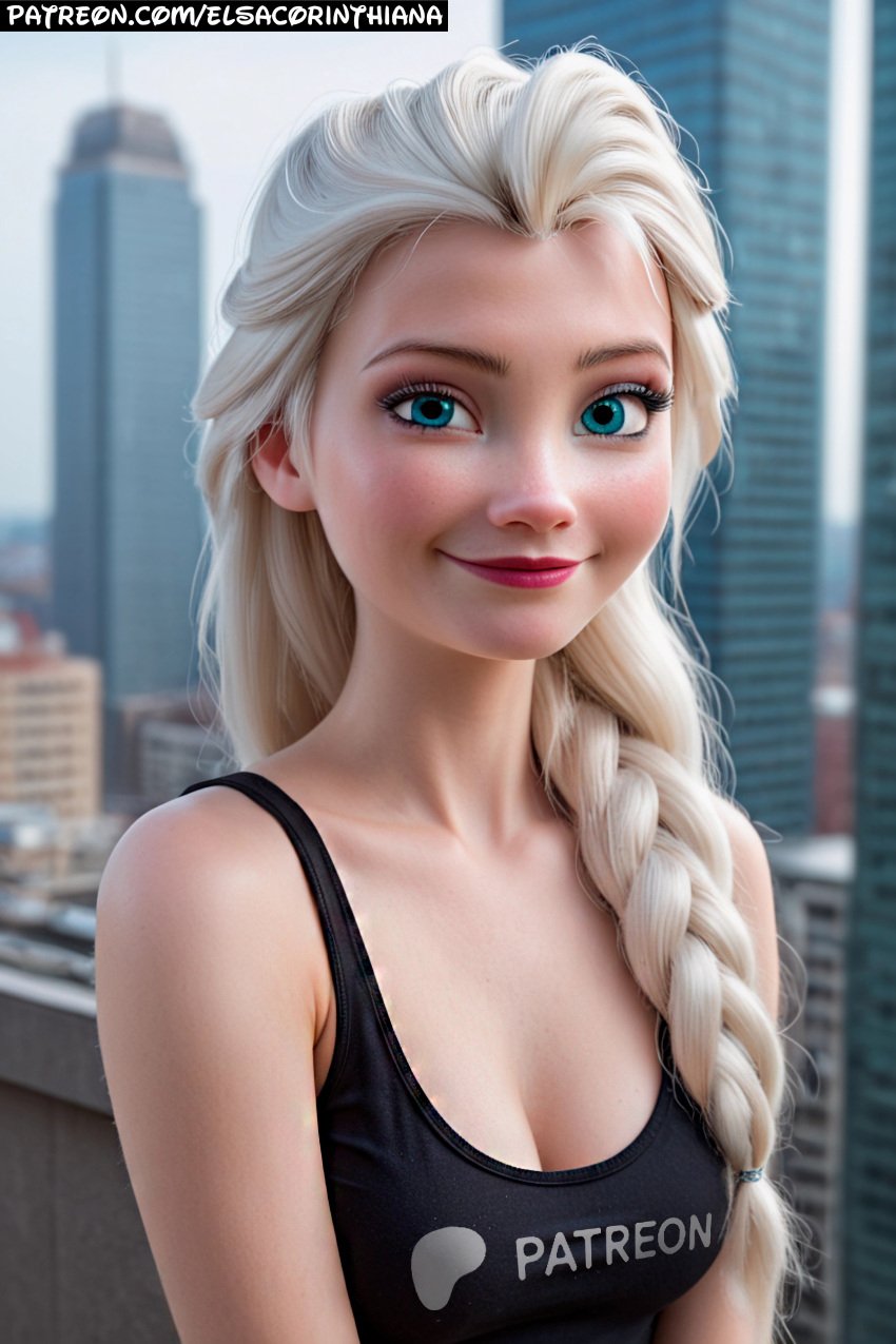 1woman ai_art ai_generated black_tank_top black_tanktop blue_eyes building_background city city_background clear_hair disclosure disney disney_princess elsa_(frozen) elsacorinthiana female female_only frozen_(film) frozen_2 half_body light-skinned_female looking_at_viewer looking_for_viewer patreon patreon_link patreon_url posing posing_for_picture posing_for_the_viewer realistic sensual sfw solo solo_female standing tank_top tanktop white_hair