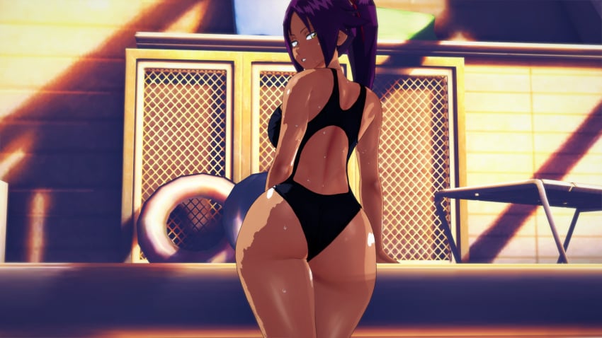 1girls ass ass_focus bleach dark-skinned_female leotard looking_back nakadashi_(artist) purple_hair purple_hair_female shihouin_yoruichi shihouin_yoruichi sweaty_body yellow_eyes