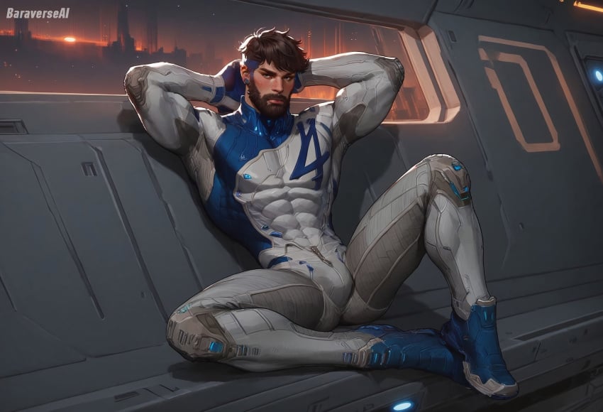 abs ai_generated bara baraverse biceps bulge daddy dilf male male_only marvel marvel_rivals mature_male mr_fantastic mr_fantastic_(marvel_rivals) muscular muscular_male pecs solo tight_clothing uncensored