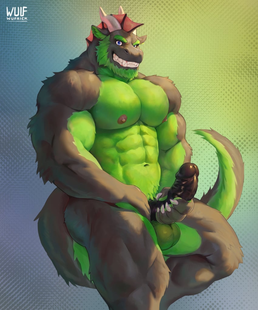 2024 2_horns 5:6 abs absurd_res anthro balls beard biceps black_body black_fur black_penis blue_eyes claws countershade_fur countershade_torso countershading dragon facial_hair finger_claws frill_(anatomy) fur furred_dragon furred_scalie genitals green_balls green_body green_countershading green_facial_hair green_fur green_hair hair head_crest head_frill hi_res holding_own_penis horn looking_at_viewer male muscular muscular_anthro muscular_arms muscular_male mythological_creature mythological_scalie mythology nipples pecs penis rutile_(chemdragon) scalie smile solo solo_male tail wufrick