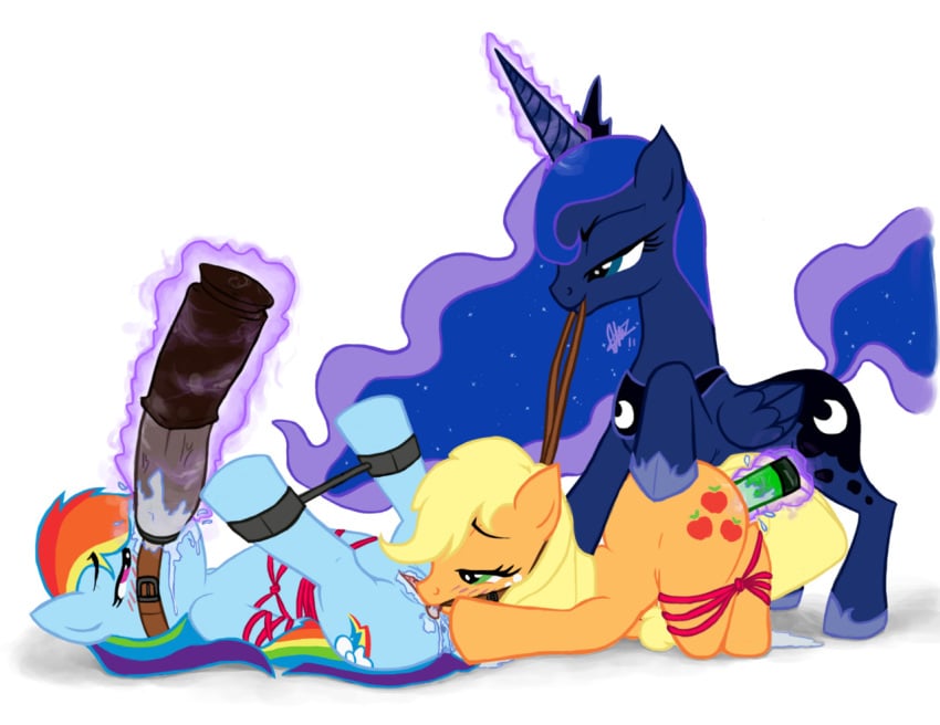 alicorn applejack_(mlp) blonde_hair blue_fur bondage bound cunnilingus cutie_mark dildo drooling equine equine_dildo female friendship_is_magic gag green_eyes hair horn horse licking long_hair magic multicolored_hair my_little_pony oral oral_sex pegacorn pegasus penetration plain_background pony princess_luna_(mlp) pussy pussy_juice rainbow_dash_(mlp) rainbow_hair relydazed saliva sex sex_toy smooth_skin spread_legs spreader_bar spreading tail tongue tongue_out unknown_artist vaginal_penetration wings yuri