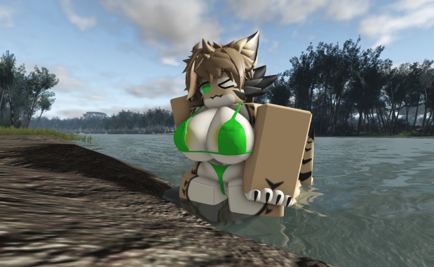 anthro bikini bikini_bottom bikini_top breasts female forest furry looking_at_viewer ravenuwu river roblox sand_shark self_upload shark