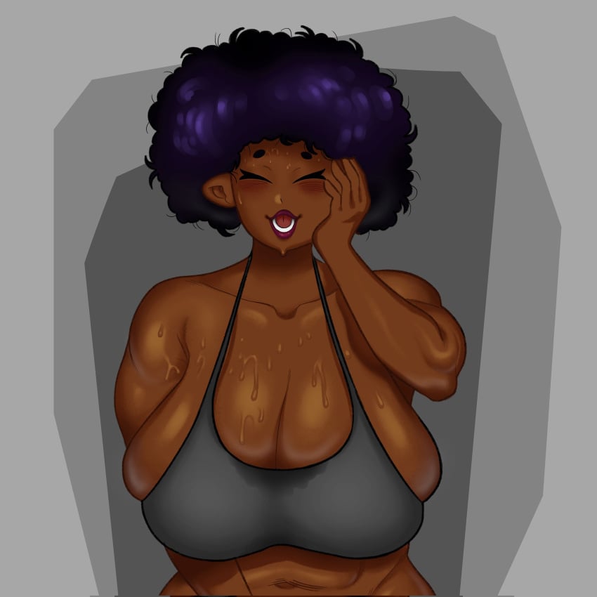 big_breasts black_hair breasts cleavage cute dark-skinned_female huge_breasts layla_(mister_blueee) mister_blueee smile solo solo_female sweat sweaty sweaty_breasts tagme tank_top