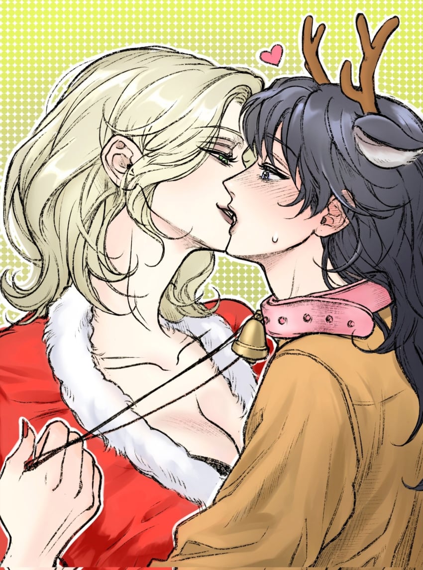 animal_ears antlers blonde_hair blush boob_window breasts chief_(path_to_nowhere) collar female_chief_(path_to_nowhere) kissing langley_(path_to_nowhere) leash older_female path_to_nowhere reindeer_costume santa_costume songeee_58 yuri