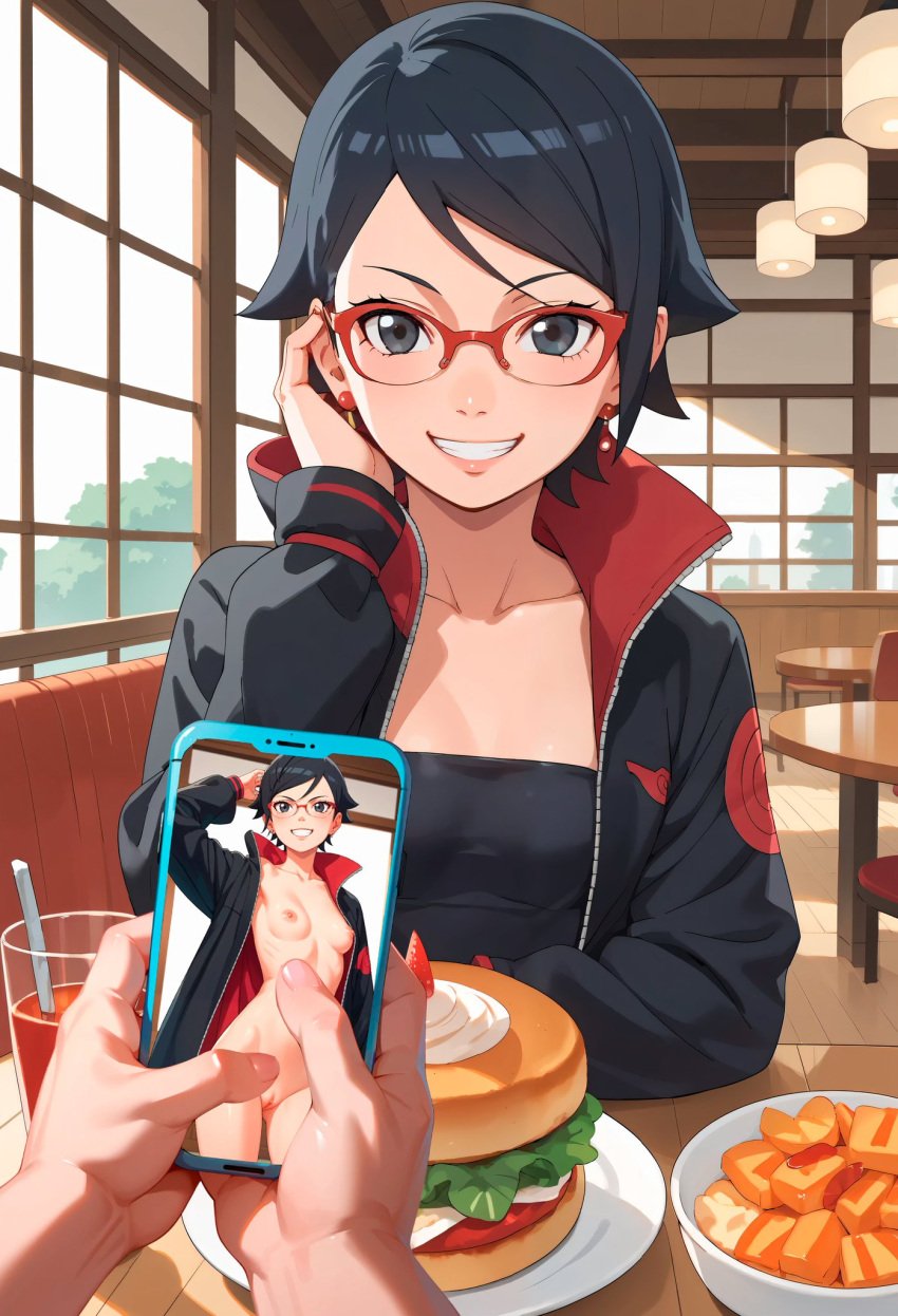 1boy 1girls ai_generated big_breasts black_eyes black_hair blush boruto:_naruto_next_generations boruto:_two_blue_vortex cellphone chair cleavage clothing date drink earrings eyewear food glasses grin hair_bun hand_on_face head_rest holding_object indoors interracial jacket jewelry light-skinned_female light_skin long_hair male_pov narugirlshot naruto naruto_(series) naughty naughty_face naughty_smile no_bra nude nude_female partial_male pov pov_hands presenting presenting_pussy restaurant sarada_uchiha seducing sending_nudes sending_photo short_hair sitting solo solo_focus table teasing teasing_viewer tied_hair tube_top upper_body white_skin