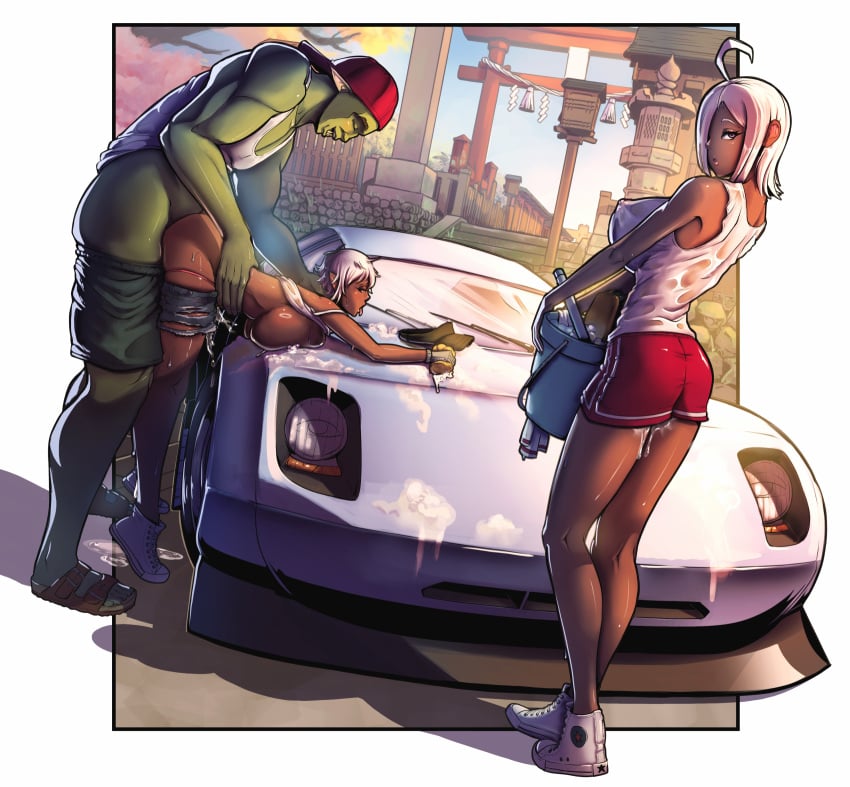 ahe_gao argag background bent_over big_breasts car footwear green_skin half_elf hat orc orc_male original_character original_characters platinum_blonde_hair roxi_moon, rubi_star, sachi_(artist) squished_breasts, suds, tiptoes, wet, white_hair,