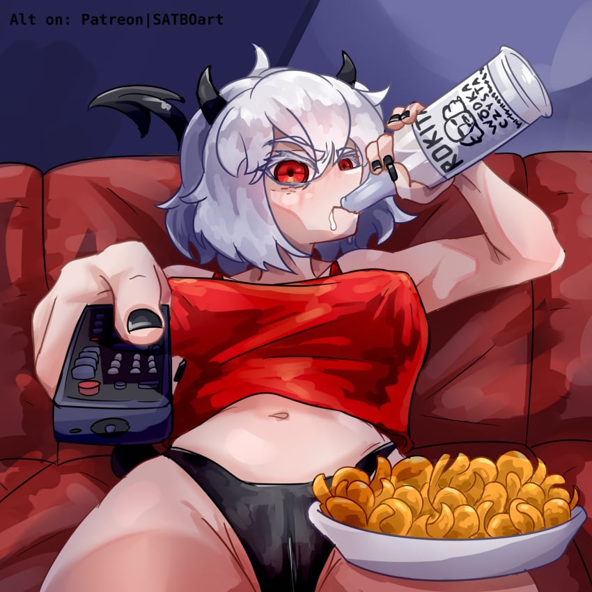 1girls alcohol alcoholic_drink big_breasts blush cameltoe chips_(food) devil devil_horns devil_tail drinking helltaker horn horns light-skinned_female living_room malina_(helltaker) meme nipple_bulge nipples_visible_through_clothing panties red_eyes sofa solo solo_female solo_focus suvorovsatbo television thong underwear vodka white_hair