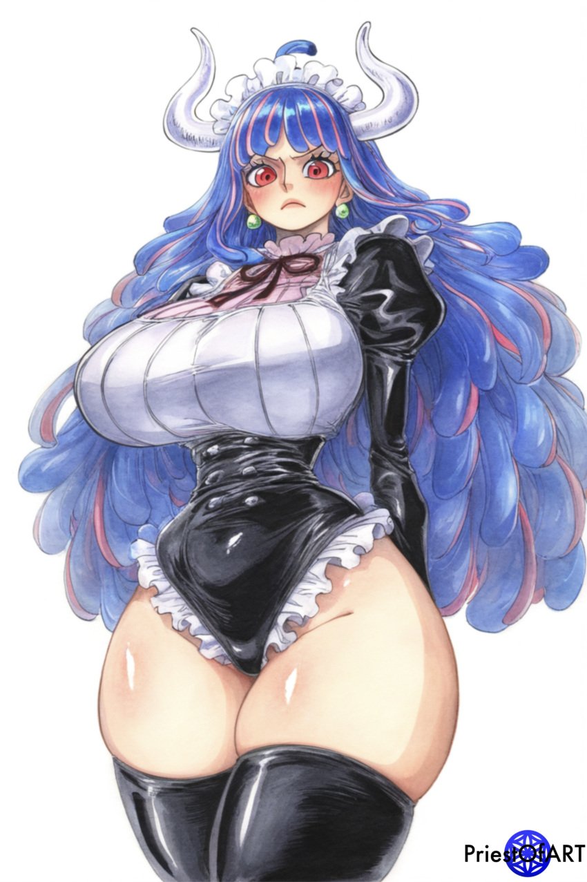 1girls ai_generated big_breasts blue_eyes blush earrings female female_focus female_only horn huge_breasts large_breasts long_hair maid maid_outfit maid_uniform multicolored_hair one-piece one_piece pink_eyes priestofart simple_background solo solo_female solo_focus tagme tagme_(artist) tagme_(character) thick_thighs ulti_(one_piece) white_background wide_hips