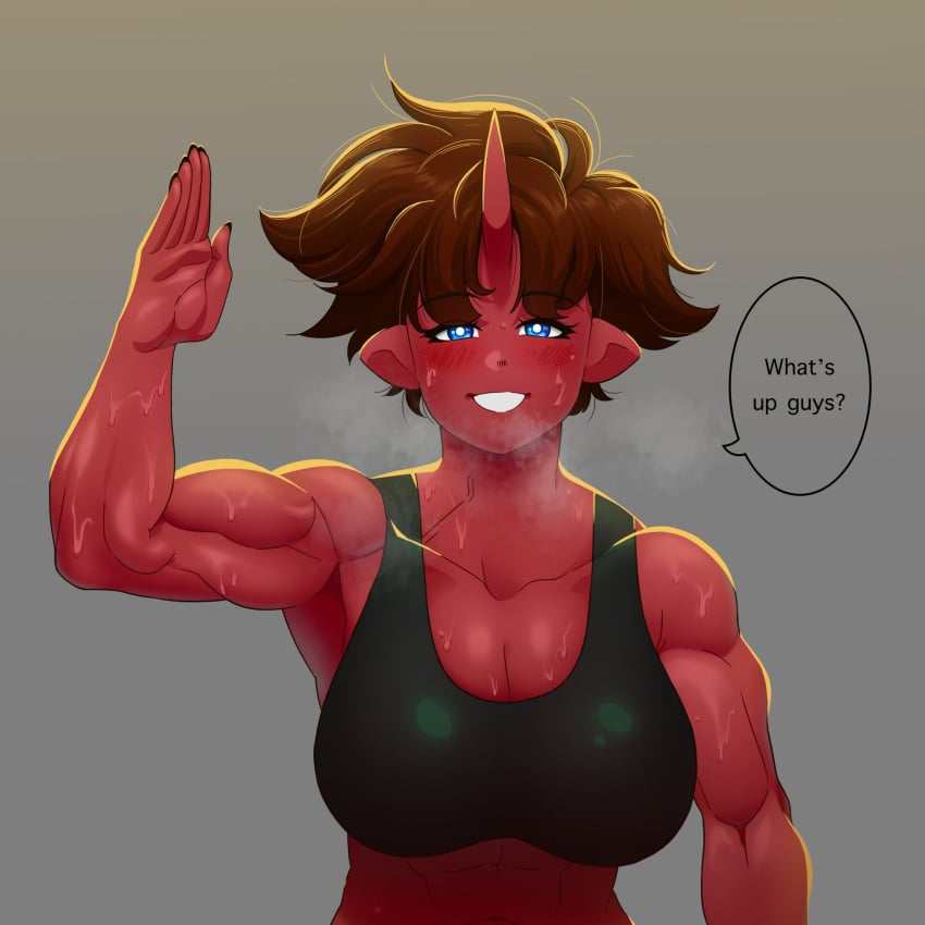 armpits demon demon_girl mister_blueee muscular muscular_female oni oni_horns smell solo solo_female sports_bra sweat sweaty tagme tomboy