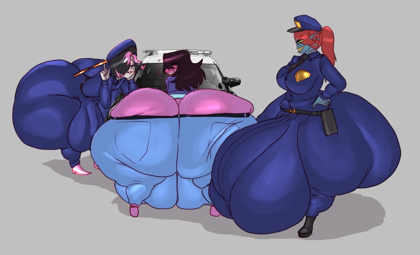 bending_over bulge_through_clothing deltarune femboy flamingsanity futanari grinding hyper hyper_ass hyper_balls hyper_bulge hyper_penis mettaton mettaton_ex police_uniform susie_(deltarune) tagme tight_clothing undertale undyne