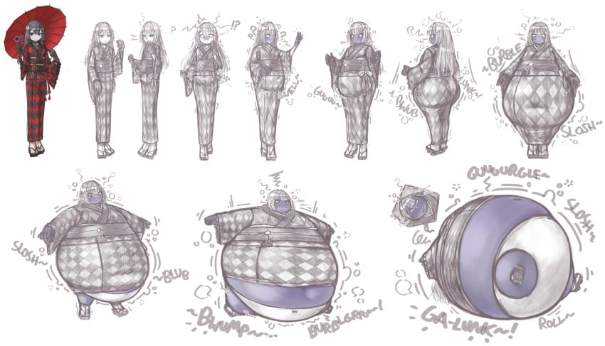 1girls 2025 blueberry_inflation english_text immobile inflation kimono long_hair onomatopoeia original_character orristerioso panties sequence spherical_inflation stomach_noises tagme umbrella