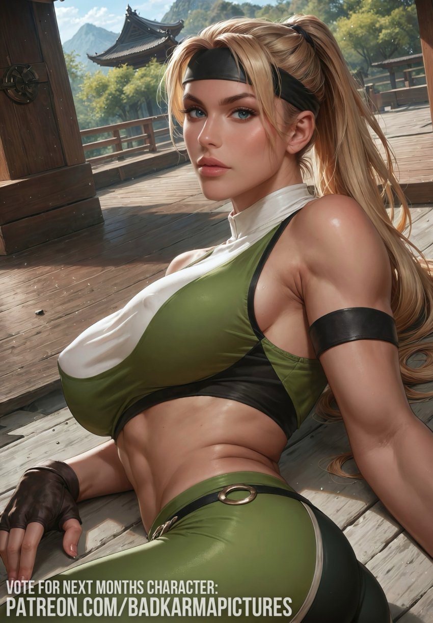 1girls abs ai_generated armband athletic_female badkarmastudio bangs big_breasts blonde_hair blue_eyes breasts dojo female female_only fingerless_gloves fit_female headband laying laying_on_side leggings lips long_hair looking_at_viewer midriff mortal_kombat nipple_bulge nipples nipples_visible_through_clothing patreon_username ponytail self_upload sideboob solo sonya_blade sports_bra sportswear toned