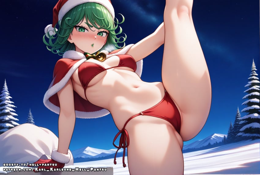 ai_generated female female green_eyes green_hair green_lipstick hell-pantsu jingle_bell lips lipstick medium_breasts one-punch_man solo tatsumaki