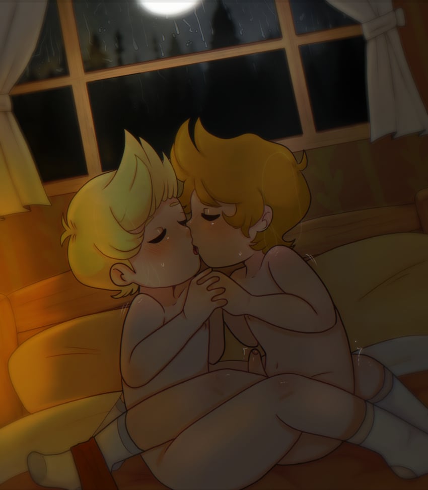 blonde_hair claus claus_(earthbound) earthbound_(series) gay incest kissing lucas moon mother_3 night orange_hair raining socks window