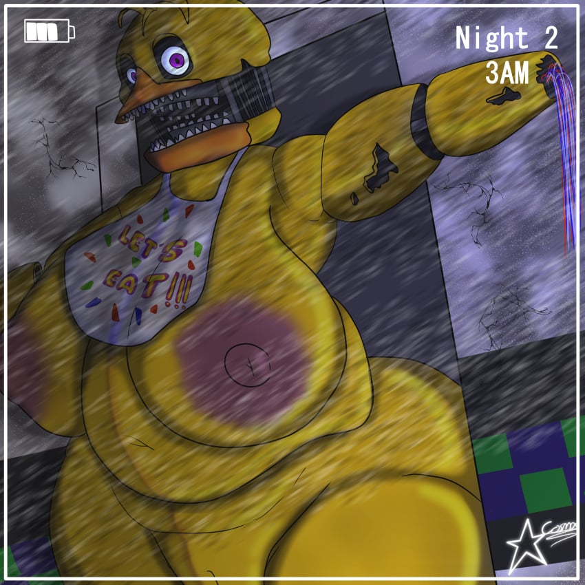 1:1 absurd_res animatronic anthro areola ass avian big_breasts big_butt big_mouth_(anatomy) bird breasts broken_body camera_view chicken cosmosarts erect_nipples female five_nights_at_freddy's five_nights_at_freddy's_2 fupa galliform gallus_(genus) genitals glowing glowing_eyes hi_res looking_at_viewer machine mostly_nude nipples overweight overweight_female phasianid plump_labia pussy robot scottgames solo static thick_thighs wide_hips wire withered_chica_(fnaf)