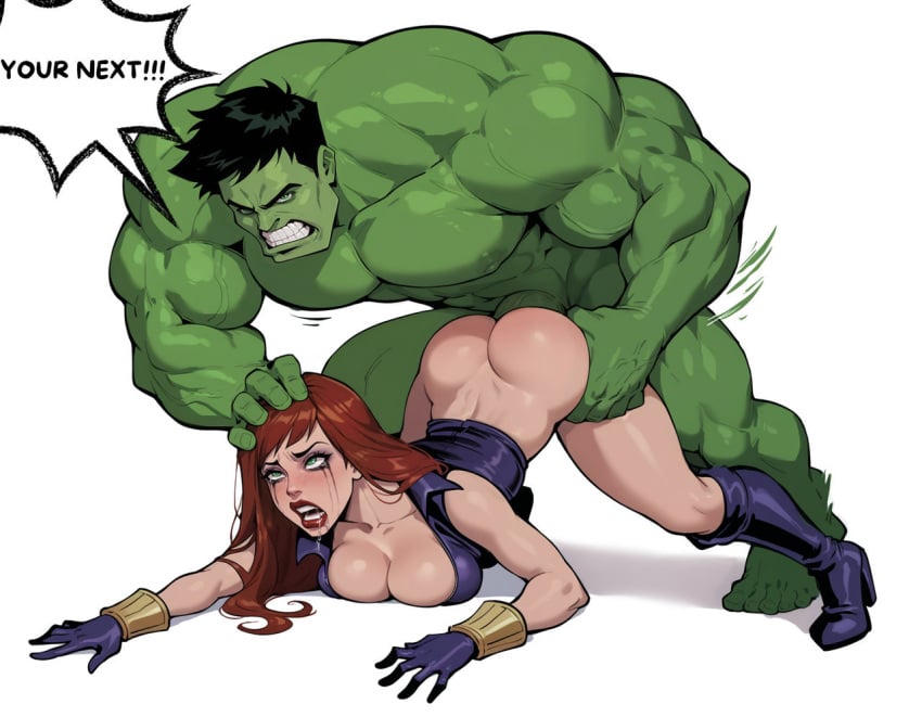 1boy1girl ai_eyes ai_generated avengers black_widow_(marvel) fdpdablizzard998 green_skin hulk marvel muscular_male red_hair