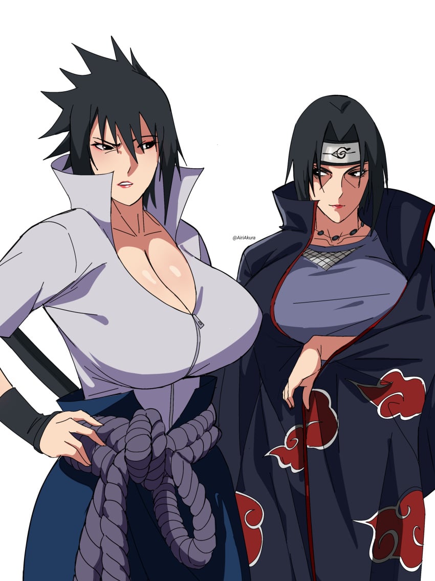 2girls airi_akura alternate_breast_size arm_under_breasts big_breasts black_hair breast_focus breast_size_difference breasts busty coat commentary forehead_protector gender_transformation genderswap_(mtf) hand_on_hip huge_breasts konohagakure_symbol kunoichi looking_at_another looking_at_breasts looking_at_partner multiple_girls naruto naruto_(series) naruto_shippuden necklace ninja no_bra plain_background rule_63 sasuke_uchiha sasuko sexy_no_jutsu shirt siblings simple_background sisters skirt staring staring_at_another staring_at_breasts sword top_heavy_breasts uchiha_itachi upper_body voluptuous watermark white_background