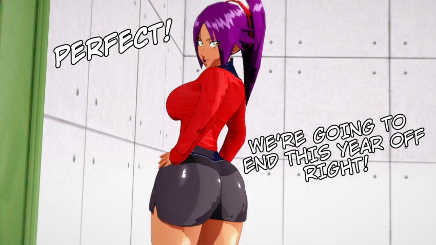 1girls bleach clothed_female dark-skinned_female hands_on_hips looking_back nakadashi_(artist) purple_hair purple_hair_female shihouin_yoruichi showing_ass showing_off showing_off_ass yellow_eyes yoruichi_shihouin