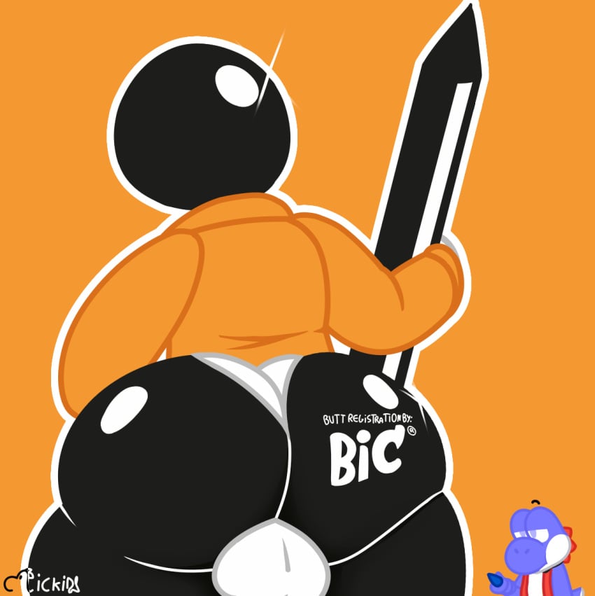 anthro ass balls bic_(copyright) big_bulge big_butt blue_yoshi bulge clothed clothing digital_drawing_(artwork) digital_media_(artwork) duo faceless_character faceless_male genitals glistening glistening_body glistening_butt glistening_head henrique_rick holding_object lickid male mario_bros nintendo orange_clothing orange_suit partially_clothed pen pencil_(object) rear_view simple_background suit thick_thighs underwear unimpressed watermark yoshi