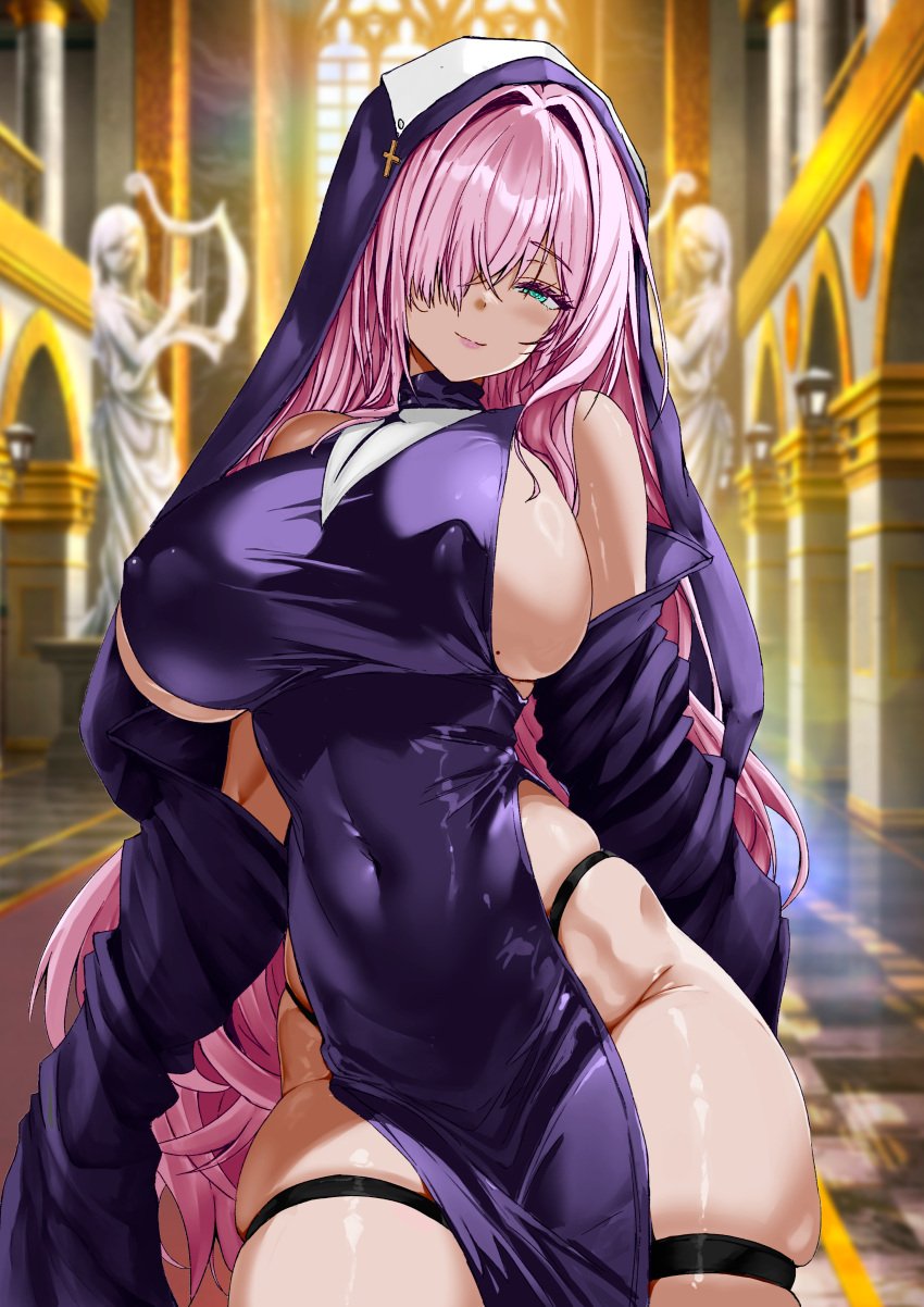 big_breasts binkan_argento church color colored curvy_figure curvy_hips full_color green_eyes huge_breasts long_hair nun nun_outfit pink_hair smile smiling smiling_at_viewer solo_female