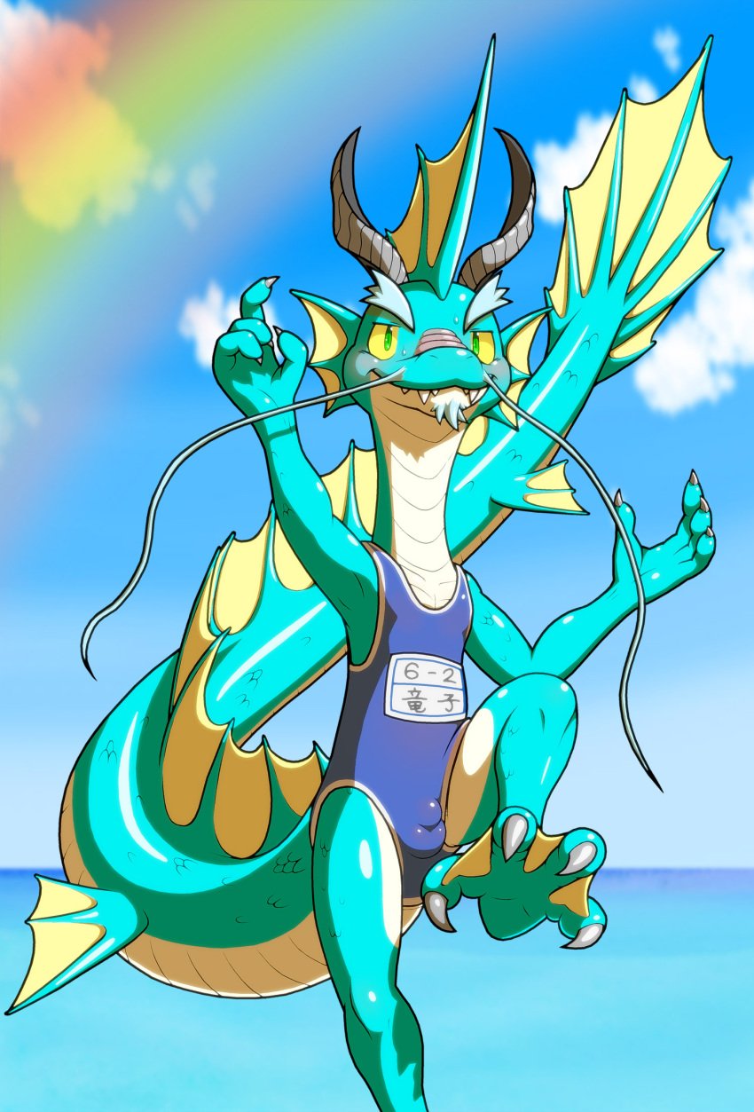 4_fingers anthro aquatic_dragon barbel_(anatomy) biped bulge claws clothed clothing cloud countershade_neck countershade_tail countershade_torso countershading crossdressing dorsal_fin dragon eyebrows fin fingers flesh_whiskers hi_res horn male marine mythological_creature mythological_scalie mythology nakayan rainbow scalie school_swimsuit solo swimwear tail tail_fin