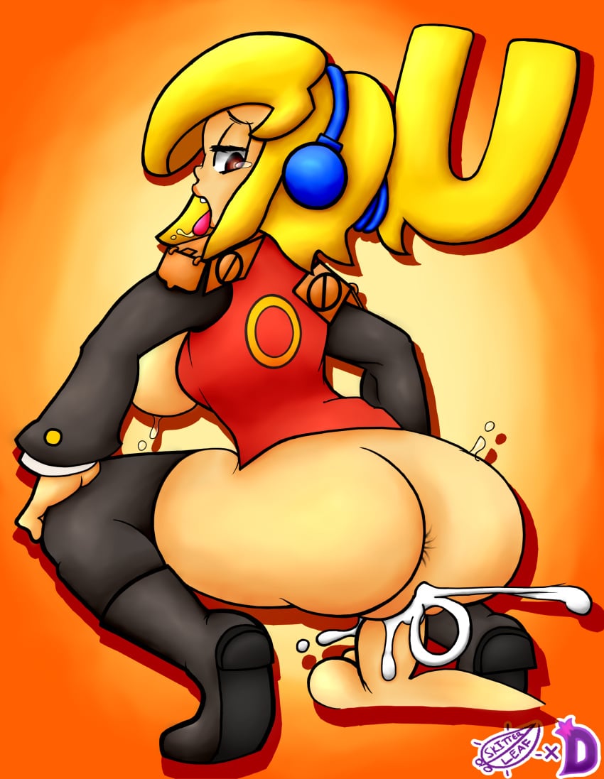 1boy 1girls big_ass big_breasts blonde_hair brown_eyes cumming cumming_in_pussy iconoclasts looking_at_partner looking_down looking_pleasured open_mouth open_shirt red_shirt robin_(iconoclasts) skitterleaf tongue_out