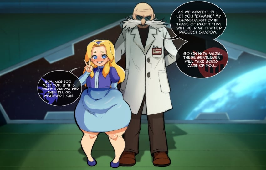 1boy 1girls blonde_hair chubby chubby_female female gerald_robotnik keenkix male maria_robotnik shortstack sonic_(series) sonic_the_hedgehog_(series) talking text thick_thighs wide_hips