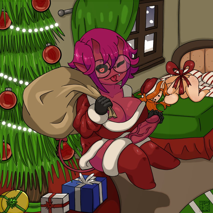 christmas christmas_clothing christmas_decorations christmas_outfit christmas_tree dick dickgirl elf futanari oc original_character owlyn penis red_skin succubus