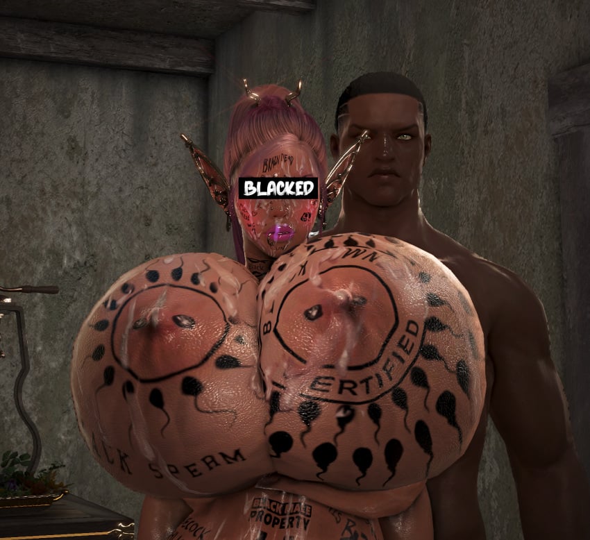 3d bdo bimbo black_desert_online blacked blonde_hair body_writing cow_ears cow_horns cow_print cow_tits cum_on_body cum_on_breasts cum_on_face cum_on_thighs cumdumpster dark-skinned_male dark_elf degradation elf elves huge_breasts humiliation interracial onahole qos qos_tattoo queen_of_spades ranger_(black_desert) screencap screenshot sperm_tattoo succubus succubus_horns tattoo tattoos toilet urinal video_game yourbdowhore